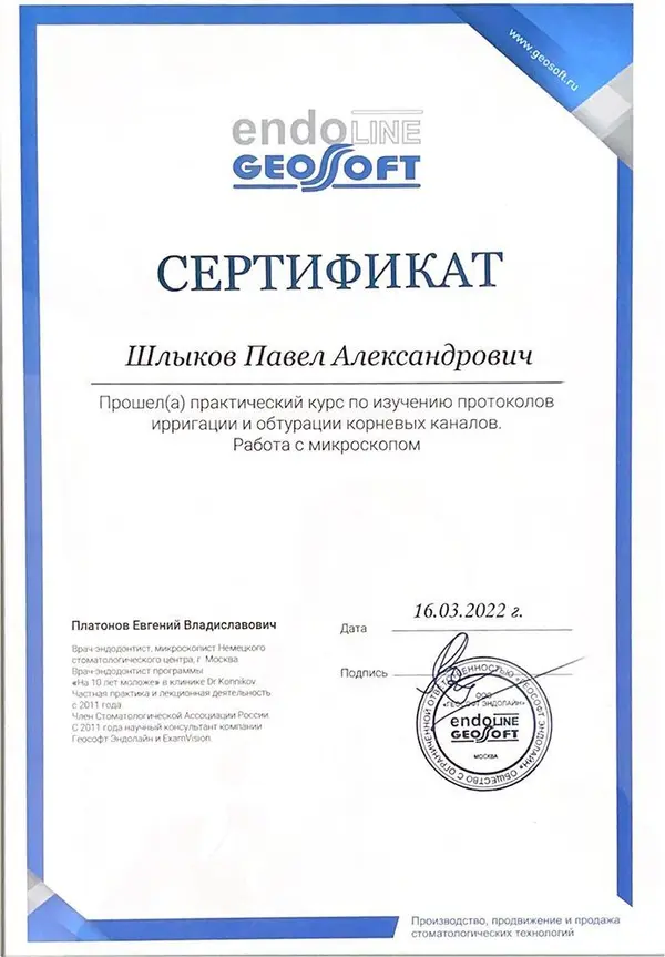 Сертификат — Шлыков Павел Александрович