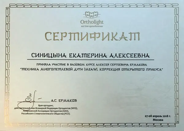 Сертификат — Синицына Екатерина Алексеевна